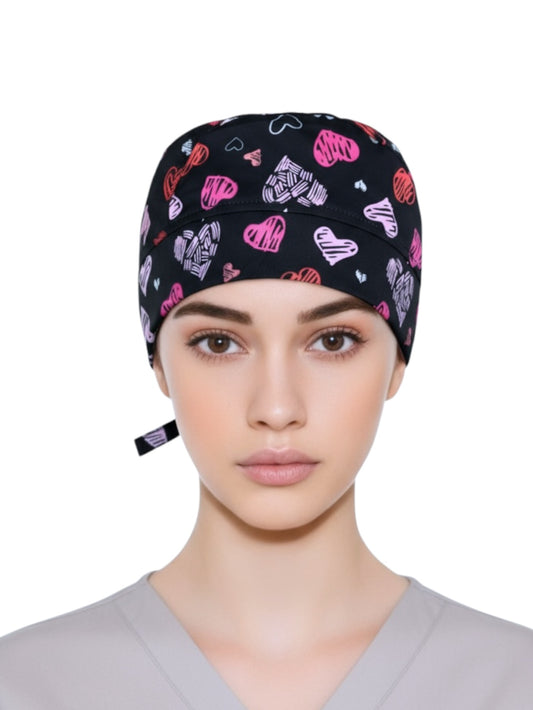 Gorro Médico Dama Negro Corazones Rosas