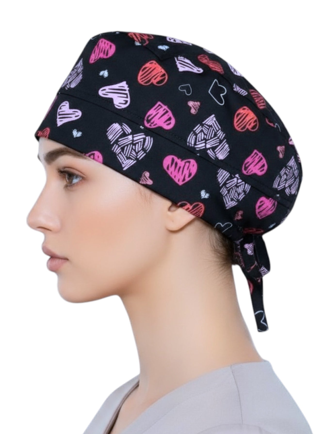 Gorro Médico Dama Negro Corazones Rosas