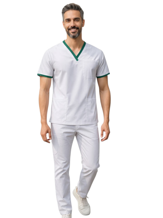 Pijama Médica Hombre London Blanco con Verde