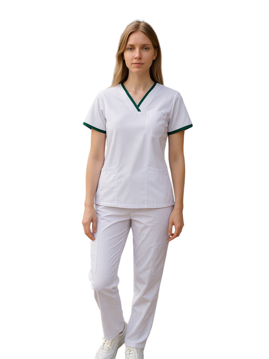 Pijama Médica Dama London Blanco con Verde