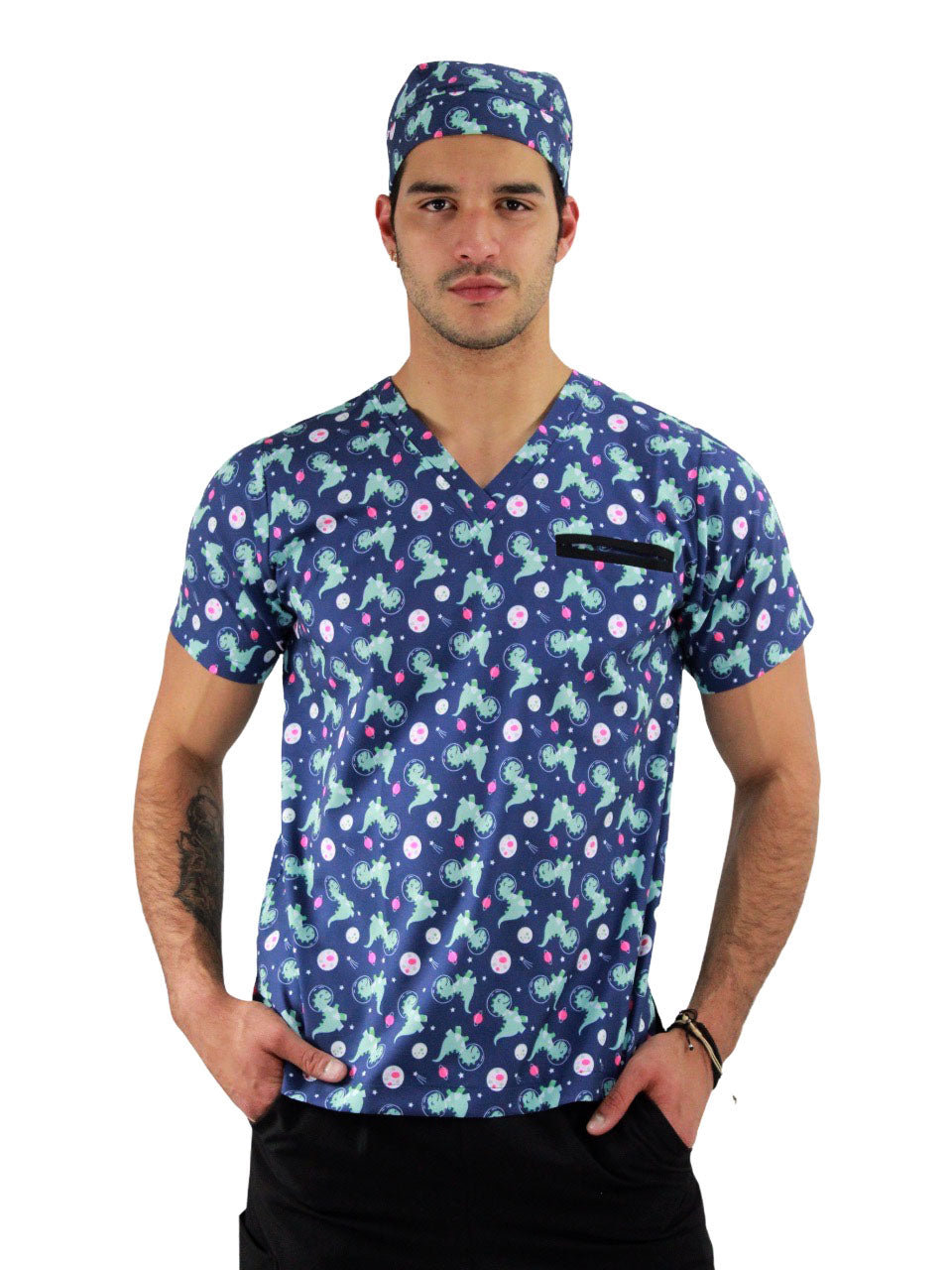 Pijama Quirúrgica Hombre Print Dinosaurio Menta