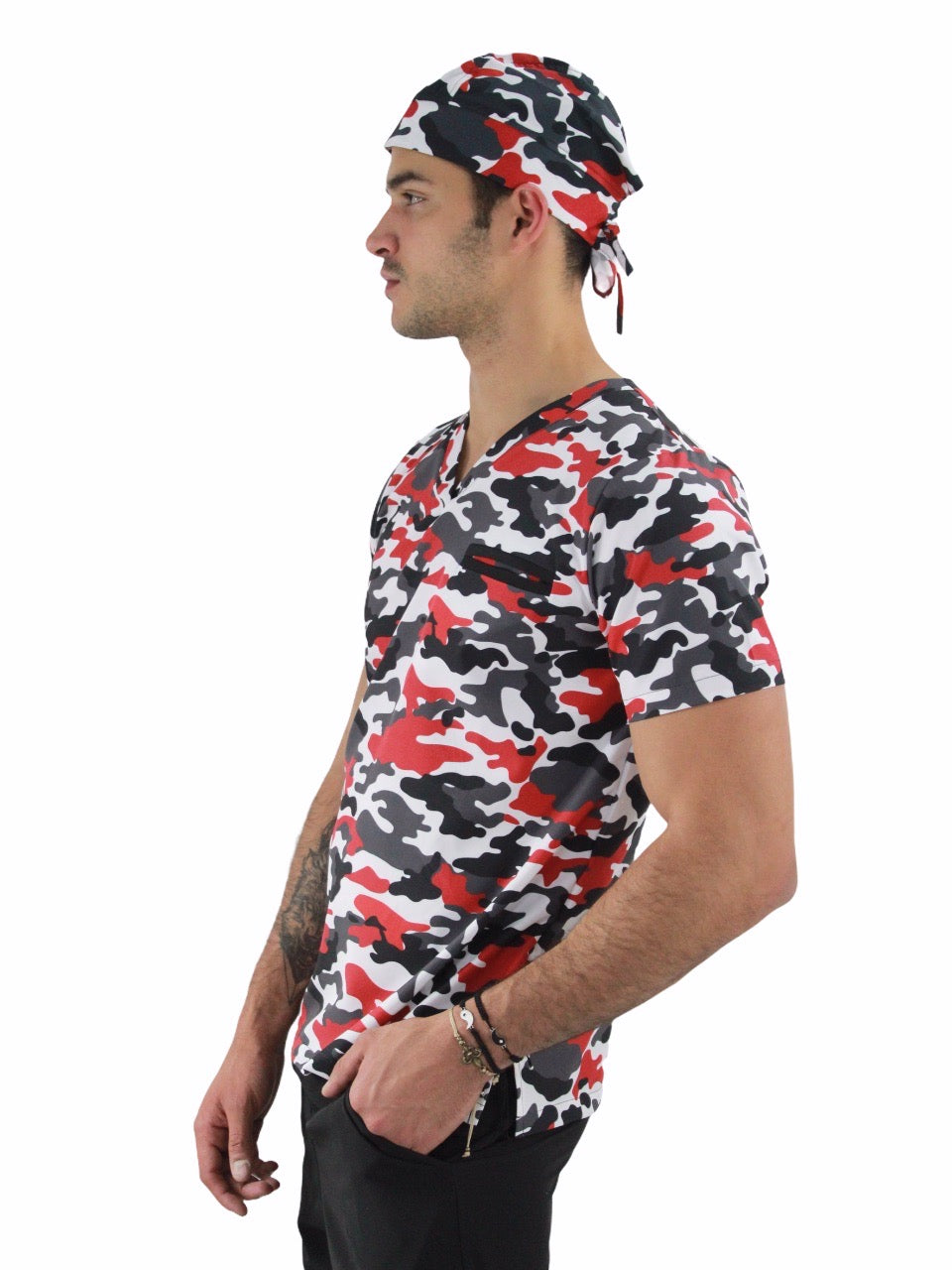 Gorro Médico Quirúrgico Hombre Print Camuflaje Rojo