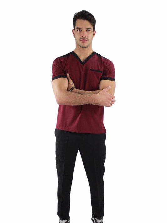 Pijama Quirúrgica Hombre Vino Cuello Negro