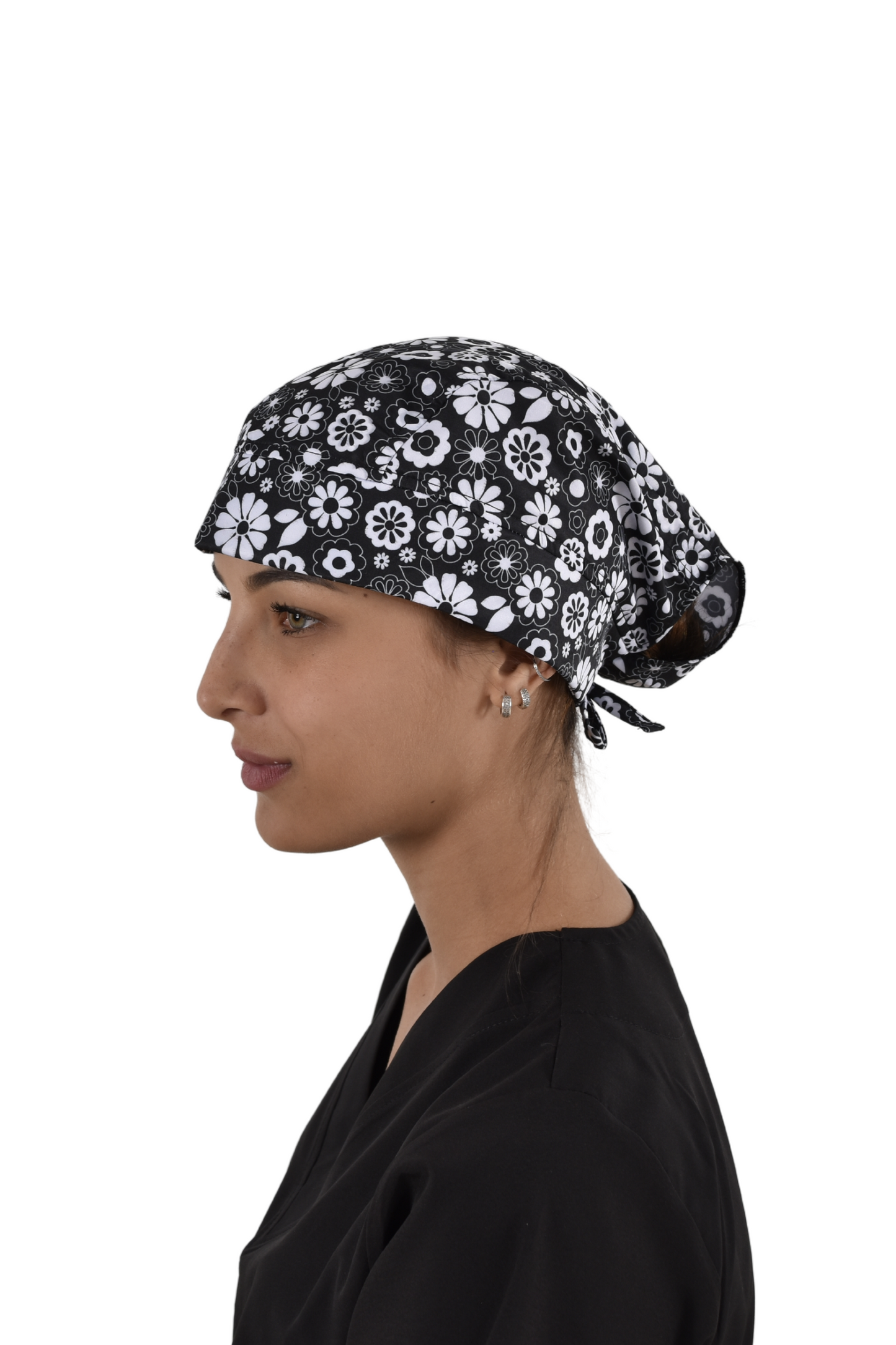 Gorro Médico Quirúrgico Dama Negro Flores Blancas