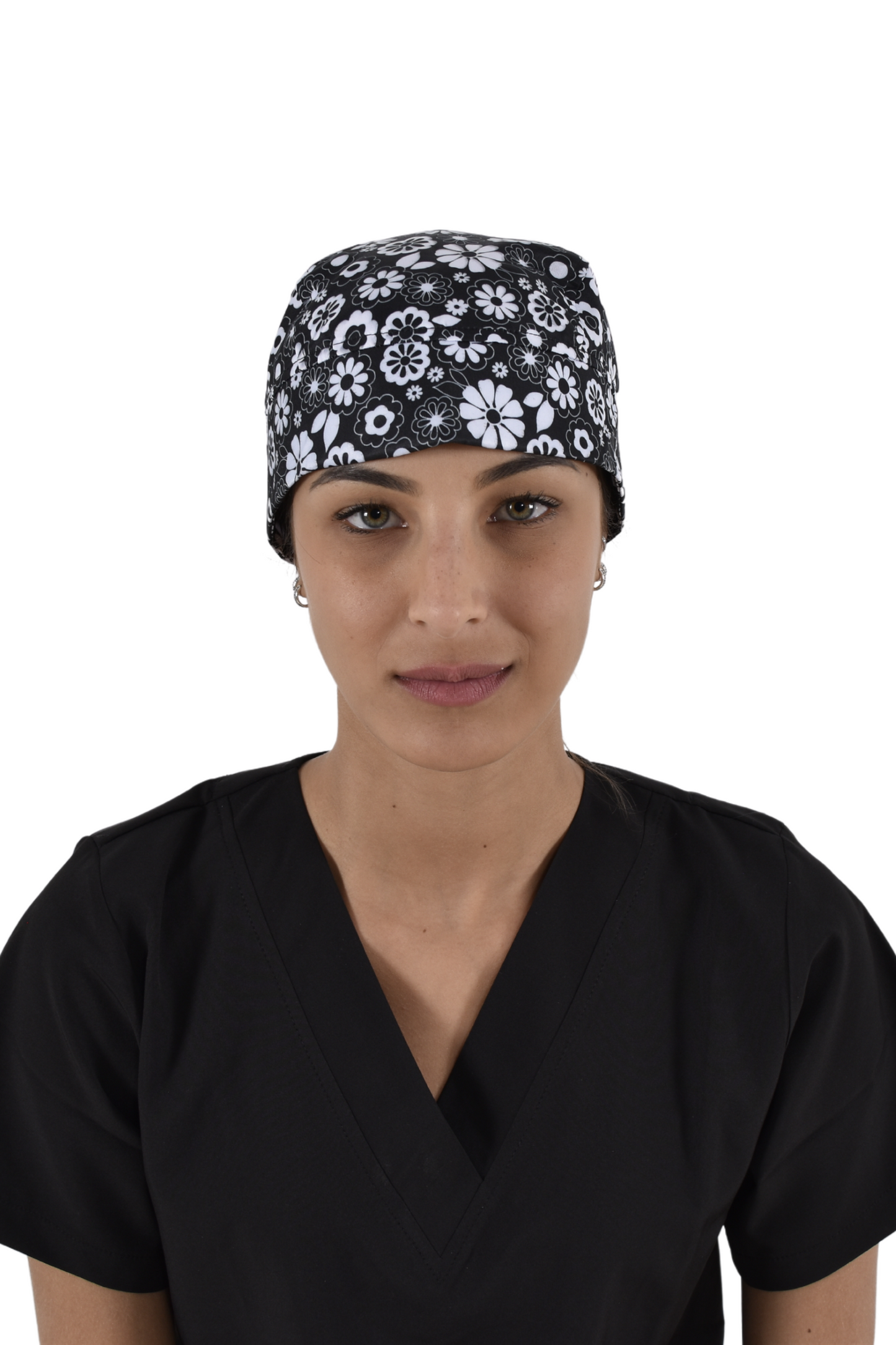 Gorro Médico Quirúrgico Dama Negro Flores Blancas