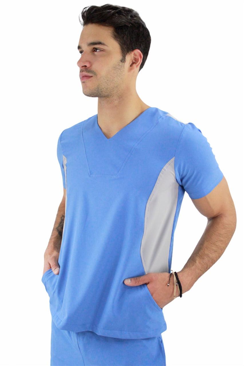 Pijama Quirúrgica Hombre Azul Lateral Gris