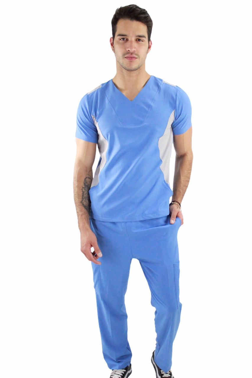 Pijama Quirúrgica Hombre Azul Lateral Gris